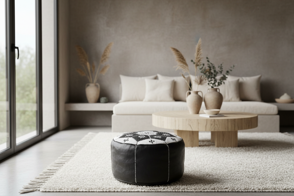 Tile Ottoman B&W — Wabi-Sabi Living Room