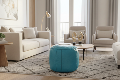 Turquoise Moroccan leather tabouret pouf - authentic design, taller and smaller