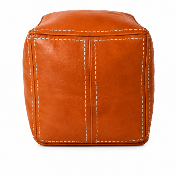 Moroccan Leather Pouf / Ottoman - Square - Orange - Aya