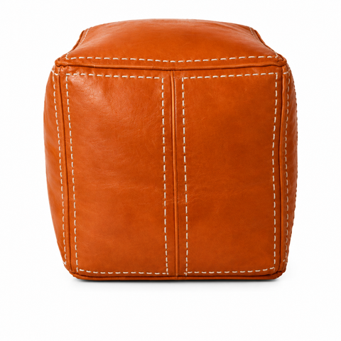 Moroccan Leather Pouf / Ottoman - Square - Orange - Aya