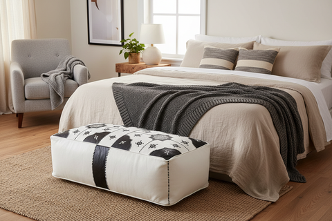 White and black ottoman in bedroom