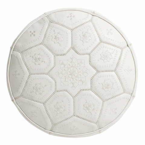 White leather ottoman - top view on white background