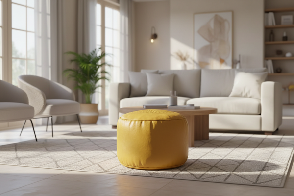 Yellow Moroccan leather tabouret pouf - authentic design, taller and smaller