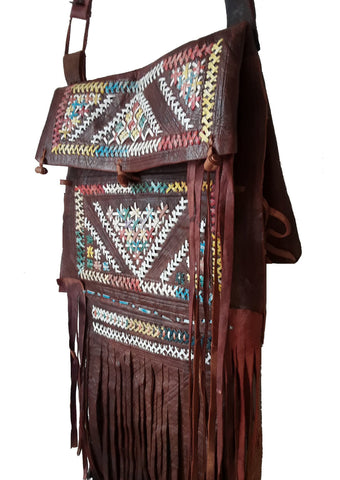 Rebel Leather Messenger/Crossbody Bag - Brown - Embroidered - Bohemian Morocco