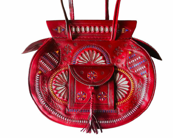 Boho Bag - Moroccan Handmade Leather Bag - Red Leather Shoulder bqg