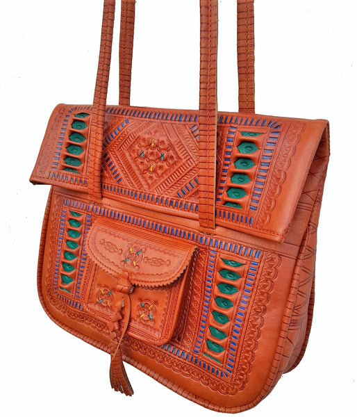 Leather Tote Bag - Chkara - Orange with Green Embroideries
