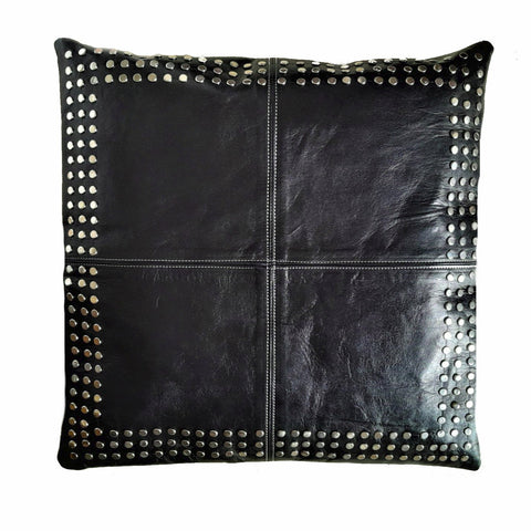 Square Leather Pillow with Metal Stud Border - 3L - Black