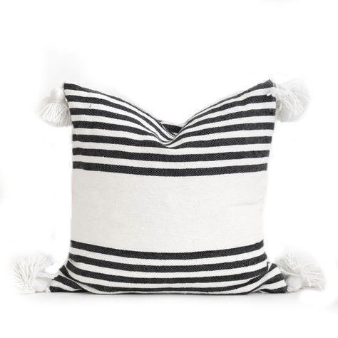 Moroccan Pom Pom Pillow Cover - White with Black Stripes - Majorelle