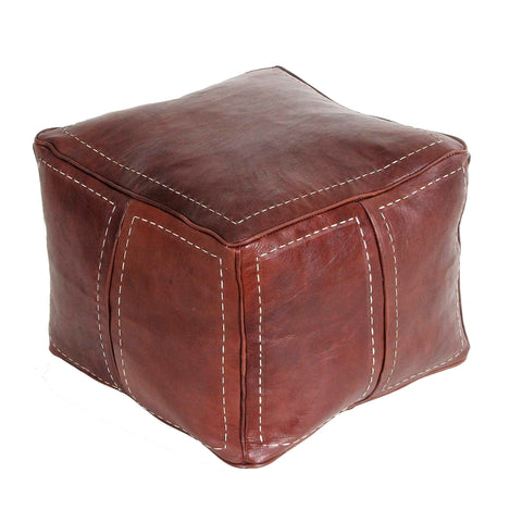 Moroccan Leather Pouf / Ottoman - Square - Brown Caramel - Aya