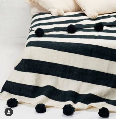 Black with Large White Stripes Pom Pom Blanket - Atlas