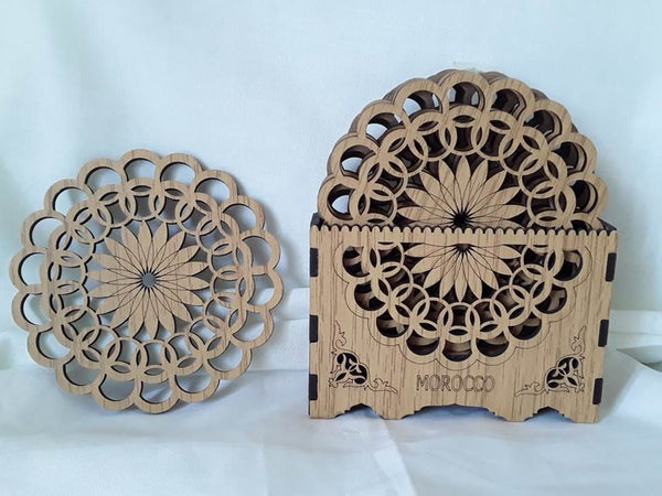 6 Pack Moroccan Carved Coasters with Holder - Moroccan Corridor