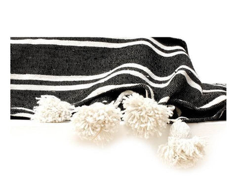 Black with White Stripes Pom Pom Blanket - Assouirri
