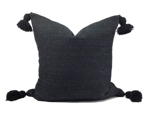 Moroccan Pom Pom Pillow Cover - Black
