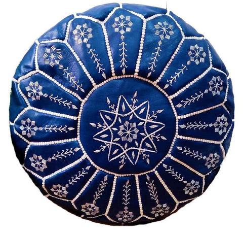 Moroccan Leather Ottoman - Blue - Flowers
