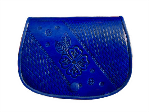 Floral Leather Shoulder Bag - Embossed - Small - Blue
