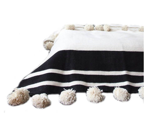 White with Large Black Stripes Pom Pom Blanket - Chama