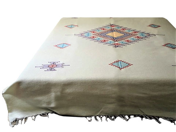 Moroccan Blanket/Rug - Wool Embroidered - Blanco