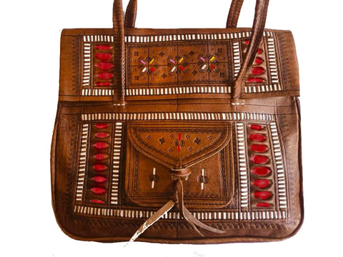 Leather Tote Bag - Chkara - Embroidered - Brown & Red