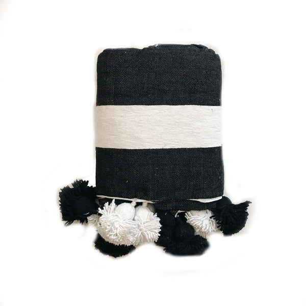 Black with Large White Stripes Pom Blanket - Atlas
