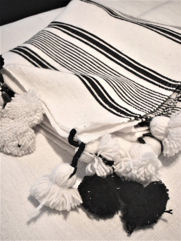 White with Black Stripes Pom Pom Blanket - Al Marrakeshi