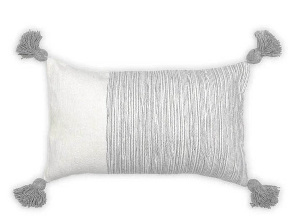 Moroccan PomPom Lumbar Pillow Cover - El Badie - Grey & White