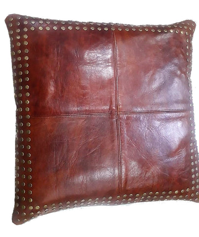 Square Leather Pillow with Metal Stud Border - Brown Caramel