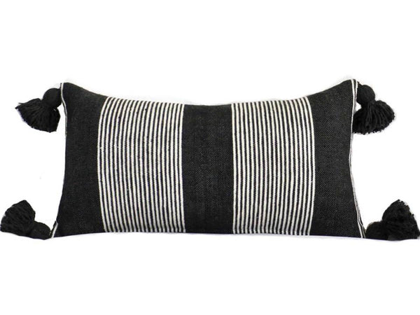 Moroccan PomPom Lumbar Pillow Cover - Black with Thin White Stripes - Layali