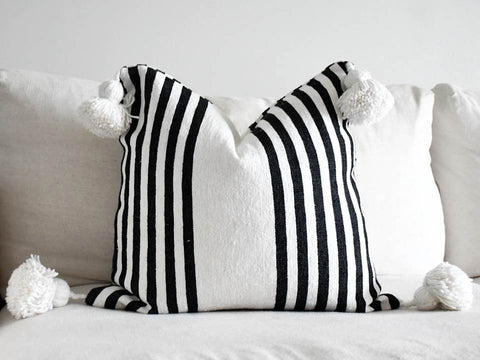 Moroccan Pom Pom Pillow - White with Black Stripes - Majorelle