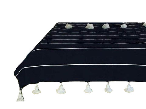 Black with White Stripes Pom Pom Blanket - Marrakesh