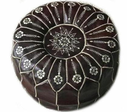 Moroccan Leather Ottoman - Dark Brown - Flowers