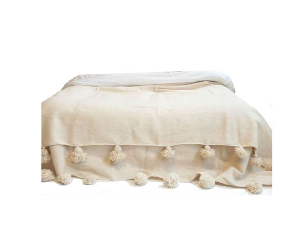 Moroccan Pom Pom Blanket - Ivory White
