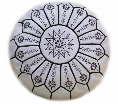 Moroccan Leather Ottoman - White & Black - Flowers