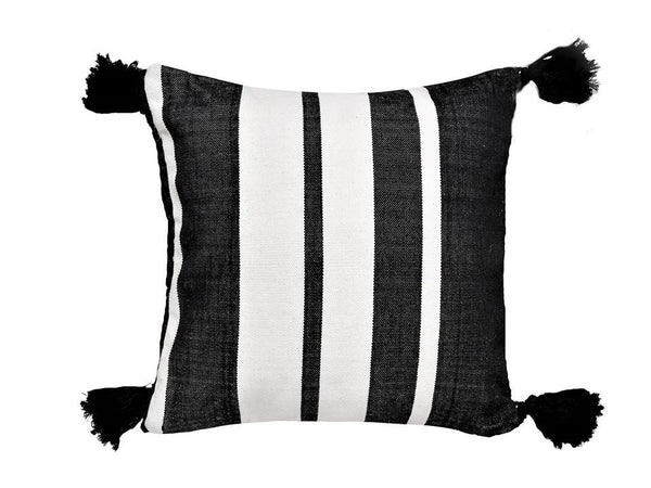 Moroccan Pom Pom Pillow Cover - White with Black Stripes - AlMohada