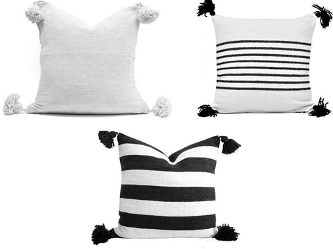 Moroccan Pom Pom Pillow - Square - Bundle of 3 Covers - Marrakesh - White & Black