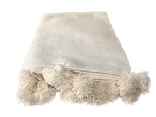 Moroccan Handloomed Pom Pom Blanket - Ivory White Pompom Blanket | Moroccan Corridor