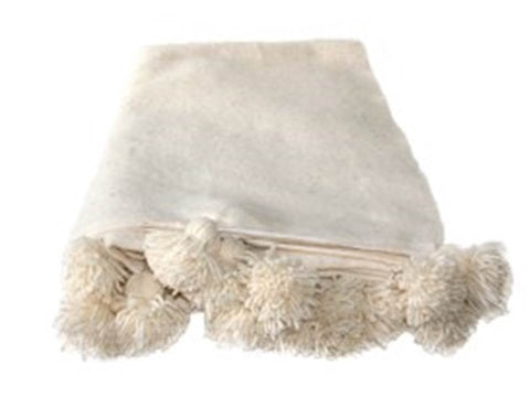 Moroccan Handloomed Pom Pom Blanket - Ivory White Pompom Blanket | Moroccan Corridor