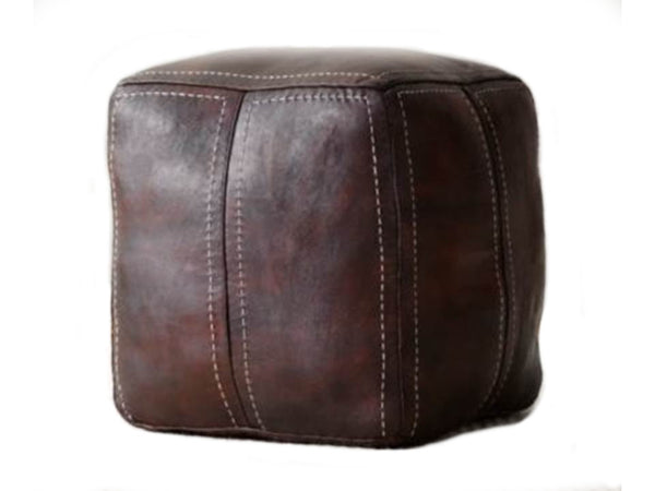 Moroccan Leather Pouf / Ottoman - Square - Brown Caramel - Aya
