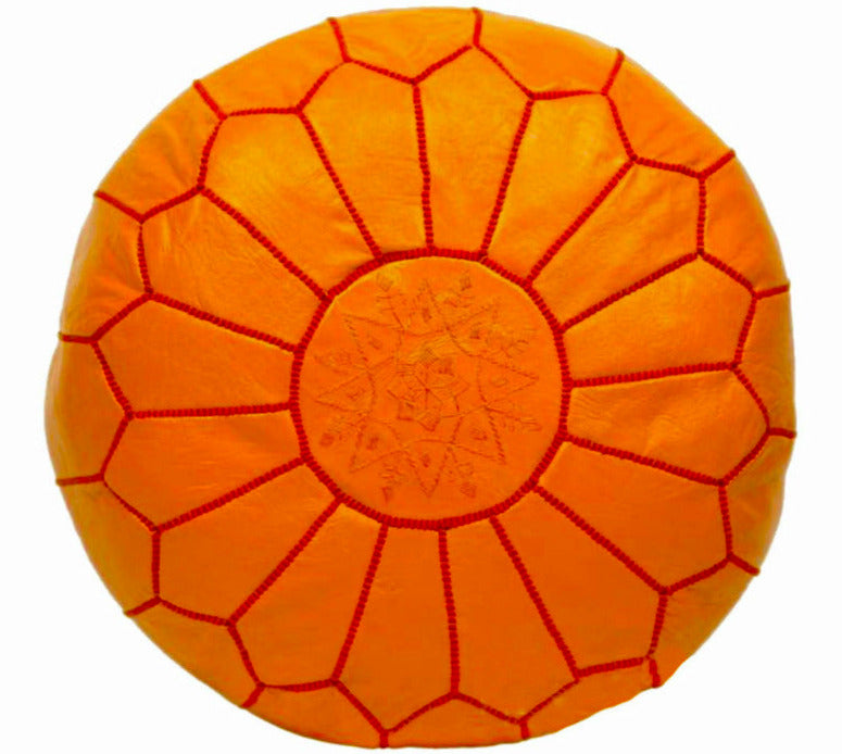 Moroccan Leather Pouf - Orange - Moroccan Corridor
