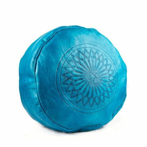 Moroccan Leather Ottoman - Turquoise Tabouret Pouf