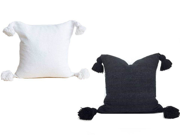 Moroccan Pom Pom Pillow - Square - Set of two Covers - Black & White