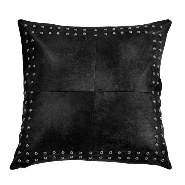 Square Leather Pillow with Metal Stud Border - Black