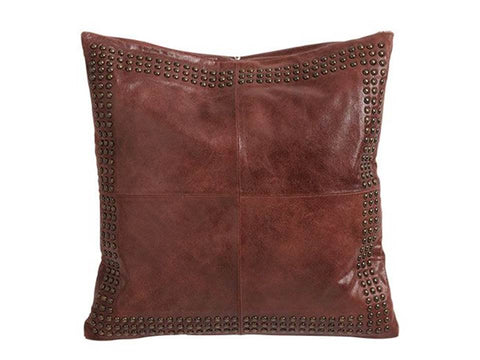Square Leather Pillow with Metal Stud Border - Brown Caramel