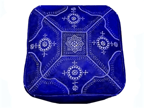 Moroccan Leather Tile Ottoman - Square - Blue and White