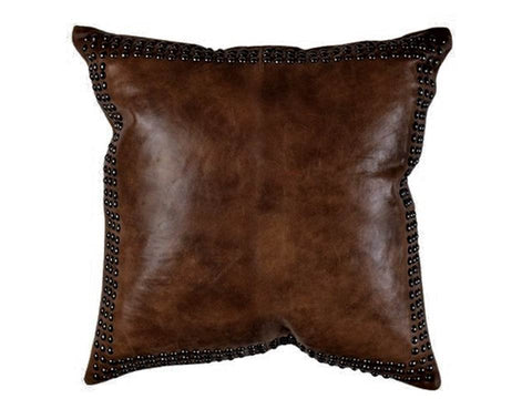 Square Leather Pillow with Metal Stud Border - Brown