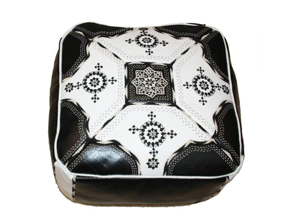 Moroccan Leather Tile Ottoman - Square - Color Block Black & White