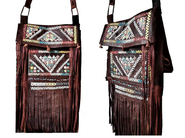 Rebel Leather Messenger/Crossbody Bag - Brown - Embroidered - Bohemian Morocco