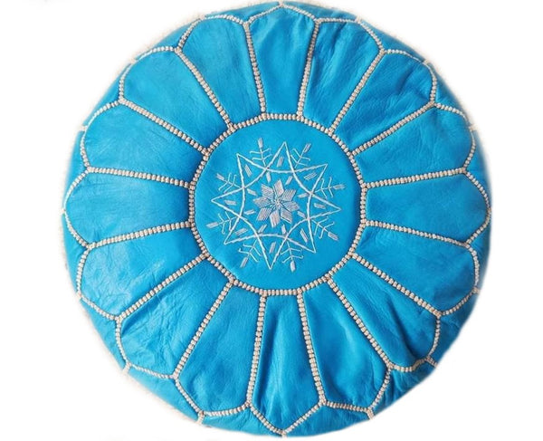 Moroccan Leather Ottoman - Turquoise and White
