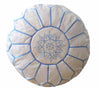 Moroccan Leather Ottoman - White & Turquoise Embroidery