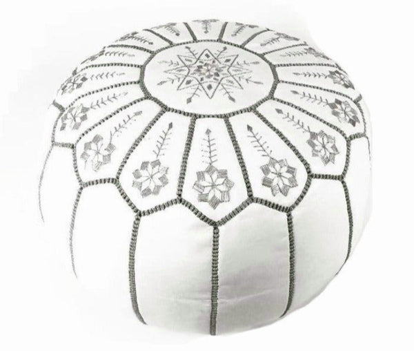 Moroccan Leather Ottoman - White & Grey - Flowers