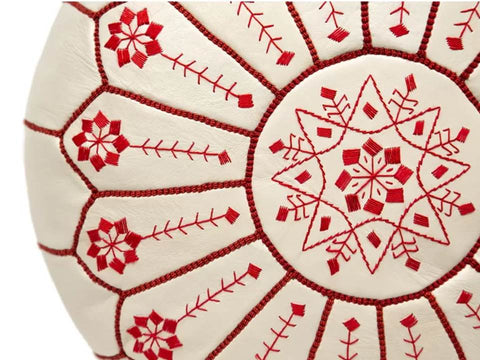 Moroccan Leather Ottoman - White & Red - Flowers